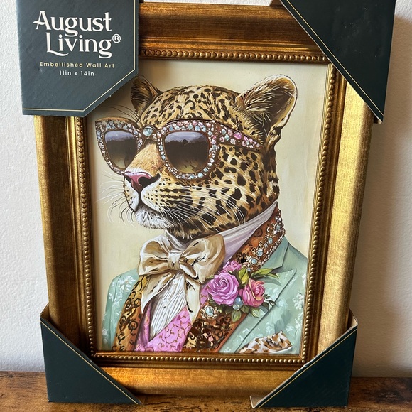 August Living Other - Leopard with Sunglasses & Tuxedo Gold Framed Wall Art Shiny Embellishments NWT